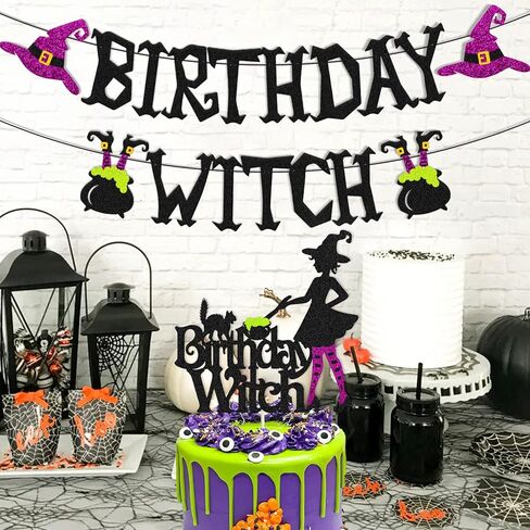 Halloween Birthday Witch Banner with Witch Cake Topper for Ghost Ghoul Bat Cat Themed Girl Lady Women Happy Halloween Birthday Decoration Witches All Souls' Day Bday Party Celebration Supplies in Kuwait