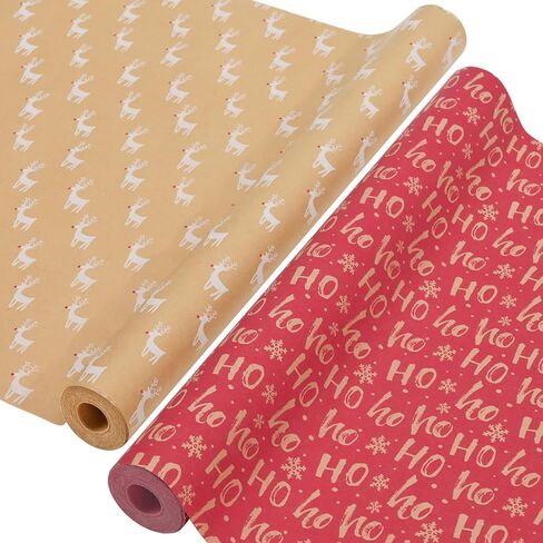 AhfuLife 2 Rolls Christmas Wrapping Paper - 17 Inch × 49.2 Feet Per Roll, Recyclable Kraft Xmas Wrapping Paper Roll for Kids Christmas Gift Box Birthday Party Decoration -138 sq. ft. ttl (Christmas Tree) in Kuwait