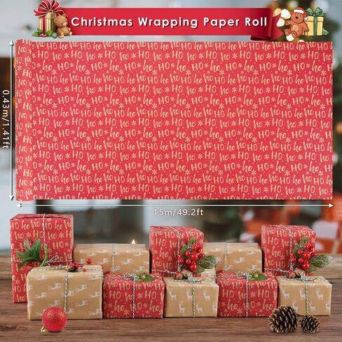 AhfuLife 2 Rolls Christmas Wrapping Paper - 17 Inch × 49.2 Feet Per Roll, Recyclable Kraft Xmas Wrapping Paper Roll for Kids Christmas Gift Box Birthday Party Decoration -138 sq. ft. ttl (Christmas Tree) in Kuwait