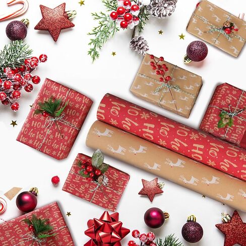 AhfuLife 2 Rolls Christmas Wrapping Paper - 17 Inch × 49.2 Feet Per Roll, Recyclable Kraft Xmas Wrapping Paper Roll for Kids Christmas Gift Box Birthday Party Decoration -138 sq. ft. ttl (Christmas Tree) in Kuwait