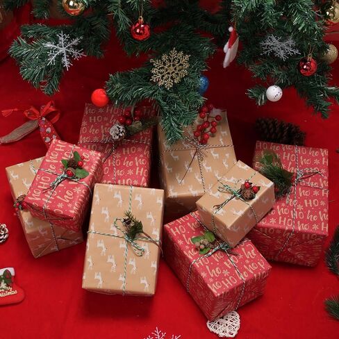 AhfuLife 2 Rolls Christmas Wrapping Paper - 17 Inch × 49.2 Feet Per Roll, Recyclable Kraft Xmas Wrapping Paper Roll for Kids Christmas Gift Box Birthday Party Decoration -138 sq. ft. ttl (Christmas Tree) in Kuwait