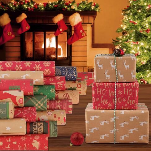 AhfuLife 2 Rolls Christmas Wrapping Paper - 17 Inch × 49.2 Feet Per Roll, Recyclable Kraft Xmas Wrapping Paper Roll for Kids Christmas Gift Box Birthday Party Decoration -138 sq. ft. ttl (Christmas Tree) in Kuwait