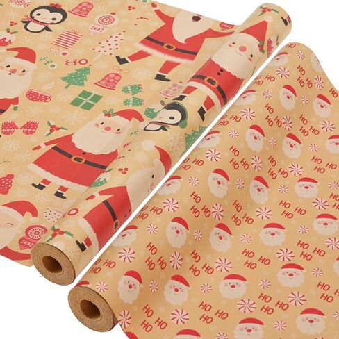 AhfuLife 2 Rolls Christmas Wrapping Paper - 17 Inch × 49.2 Feet Per Roll, Recyclable Kraft Xmas Wrapping Paper Roll for Kids Christmas Gift Box Birthday Party Decoration -138 sq. ft. ttl (Christmas Tree) in Kuwait