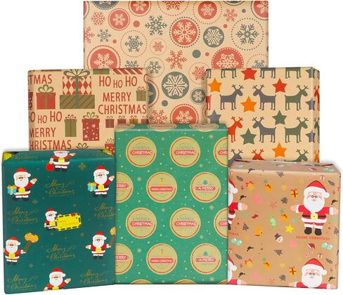 nepog ورق تغليف هدايا عيد الميلاد، ورق تغليف عيد الميلاد 12 ورقة في 6 تصاميم مطوية مسطحة 20x28 بوصة لكل ورقة، سانتا دير ندفة الثلج عيد ميلاد سعيد هدية عيد الميلاد مجموعة كرافت التفاف للأطفال الفتيات الفتيان in Kuwait