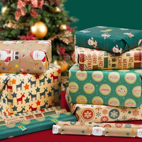 nepog ورق تغليف هدايا عيد الميلاد، ورق تغليف عيد الميلاد 12 ورقة في 6 تصاميم مطوية مسطحة 20x28 بوصة لكل ورقة، سانتا دير ندفة الثلج عيد ميلاد سعيد هدية عيد الميلاد مجموعة كرافت التفاف للأطفال الفتيات الفتيان in Kuwait