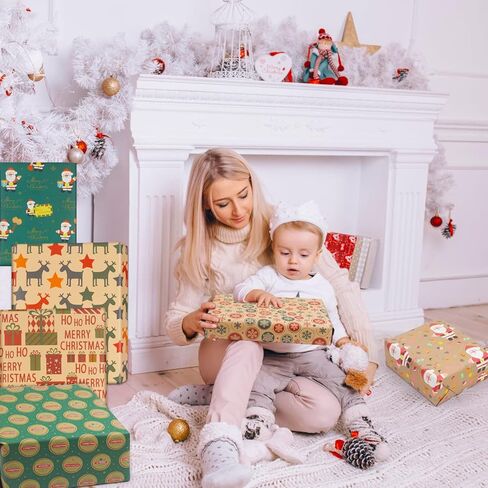 nepog ورق تغليف هدايا عيد الميلاد، ورق تغليف عيد الميلاد 12 ورقة في 6 تصاميم مطوية مسطحة 20x28 بوصة لكل ورقة، سانتا دير ندفة الثلج عيد ميلاد سعيد هدية عيد الميلاد مجموعة كرافت التفاف للأطفال الفتيات الفتيان in Kuwait