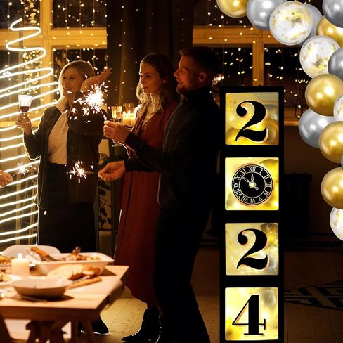 اوكي صناديق بالونات لحفلات ليلة رأس السنة الجديدة 2024 مع بالونات وخيوط اضاءة LED بلون اسود وذهبي لحفلات ليلة رأس السنة الجديدة لمستلزمات حفلات ليلة رأس السنة الجديدة 2023 in Kuwait