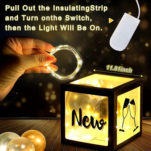 اوكي صناديق بالونات لحفلات ليلة رأس السنة الجديدة 2024 مع بالونات وخيوط اضاءة LED بلون اسود وذهبي لحفلات ليلة رأس السنة الجديدة لمستلزمات حفلات ليلة رأس السنة الجديدة 2023 in Kuwait