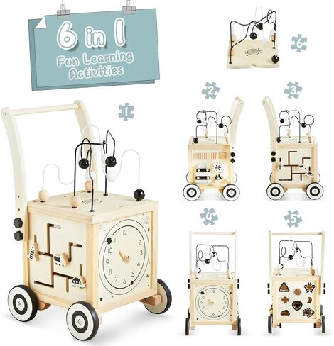Beright Wooden Baby Walker Activity Cube, Wooden Toddler Toys, 6 in 1 Developmental Montessori Learning Educational Toys, First Birthday Gift in Kuwait