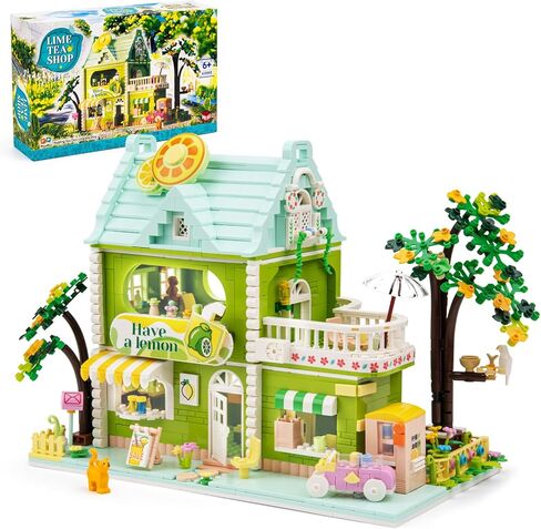 SATHIBI Flower House Building Sets with LED Light, City Lime Tea Shop Model Collectible Display, Creative Toy Gift for Adults Kids Boys Girls Age 6+, Mini Building Blocks (1350 PCS) in Kuwait