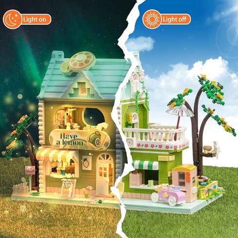 SATHIBI Flower House Building Sets with LED Light, City Lime Tea Shop Model Collectible Display, Creative Toy Gift for Adults Kids Boys Girls Age 6+, Mini Building Blocks (1350 PCS) in Kuwait