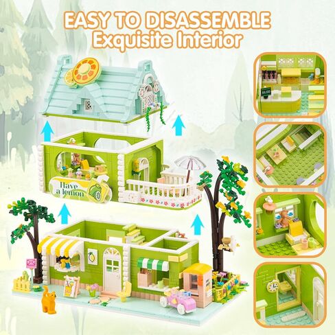 SATHIBI Flower House Building Sets with LED Light, City Lime Tea Shop Model Collectible Display, Creative Toy Gift for Adults Kids Boys Girls Age 6+, Mini Building Blocks (1350 PCS) in Kuwait