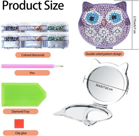 JmhNewhope 5D DIY Diamond Art Painting Mirror, Diamond Art Compact Mirror, Pocket Travel Makeup Mirror with Crystal Diamond Cover, Owl Pattern Folding Purse Mirror for Purses Women Girls Kids in Kuwait