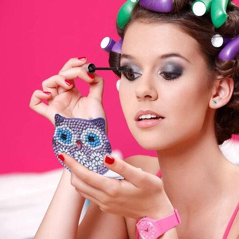 JmhNewhope 5D DIY Diamond Art Painting Mirror, Diamond Art Compact Mirror, Pocket Travel Makeup Mirror with Crystal Diamond Cover, Owl Pattern Folding Purse Mirror for Purses Women Girls Kids in Kuwait