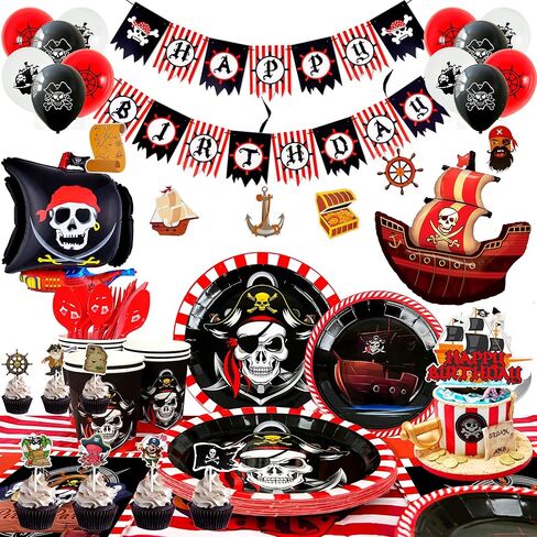 لوازم حفلات اعياد ميلاد القراصنة، 161 قطعة من ديكورات حفلات القراصنة ومجموعة ادوات المائدة - اطباق قراصنة دوامة واكواب ومناديل ومفرش طاولة ولافتة وبالونات وما الى ذلك، ديكورات حفلات اعياد ميلاد in Kuwait