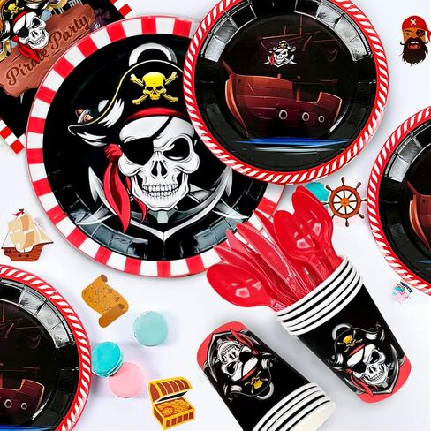 لوازم حفلات اعياد ميلاد القراصنة، 161 قطعة من ديكورات حفلات القراصنة ومجموعة ادوات المائدة - اطباق قراصنة دوامة واكواب ومناديل ومفرش طاولة ولافتة وبالونات وما الى ذلك، ديكورات حفلات اعياد ميلاد in Kuwait