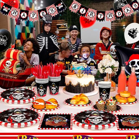 لوازم حفلات اعياد ميلاد القراصنة، 161 قطعة من ديكورات حفلات القراصنة ومجموعة ادوات المائدة - اطباق قراصنة دوامة واكواب ومناديل ومفرش طاولة ولافتة وبالونات وما الى ذلك، ديكورات حفلات اعياد ميلاد in Kuwait