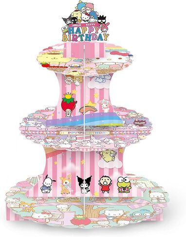كبير 3 طبقات الوردي Kawaii نمط كب كيك حامل الكرتون موضوع حزب كب كيك برج الورق المقوى حامل الحلوى طبق المعجنات للأطفال عيد ميلاد لوازم الزينة in Saudi Arabia