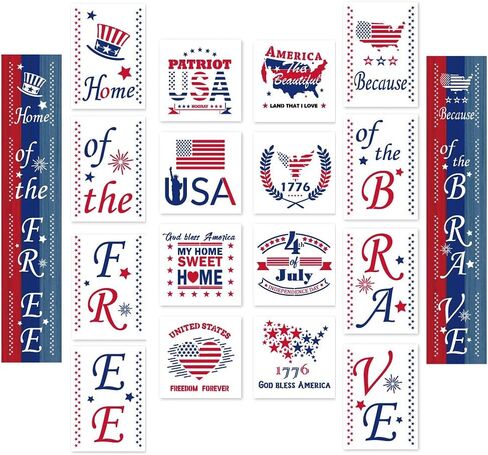 16 PCS 4th of July Patriotic Stencils for Painting on Wood Wall, Patriotic Welcome Porch Sign Stencils, USA Theme Pattern Templates for DIY Home Decorations, Paint Wood Signs in Kuwait