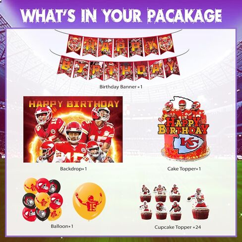 Chiefs Birthday Decorations 51PCS 𝓚𝓪𝓷𝓼𝓪𝓼 𝓒𝓲𝓽𝔂 Chiefs Birthday Party Supplies Include 1 Banner 1 Backdrop 1Cake Topper 24 Cupcake Toppers 24 Balloons in Saudi Arabia