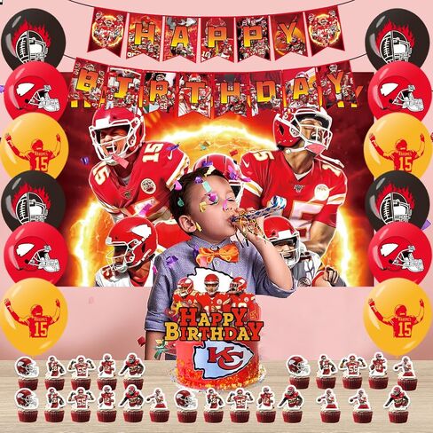 Chiefs Birthday Decorations 51PCS 𝓚𝓪𝓷𝓼𝓪𝓼 𝓒𝓲𝓽𝔂 Chiefs Birthday Party Supplies Include 1 Banner 1 Backdrop 1Cake Topper 24 Cupcake Toppers 24 Balloons in Saudi Arabia