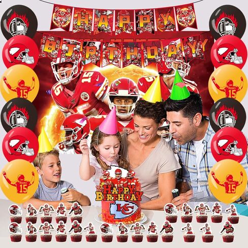 Chiefs Birthday Decorations 51PCS 𝓚𝓪𝓷𝓼𝓪𝓼 𝓒𝓲𝓽𝔂 Chiefs Birthday Party Supplies Include 1 Banner 1 Backdrop 1Cake Topper 24 Cupcake Toppers 24 Balloons in Saudi Arabia