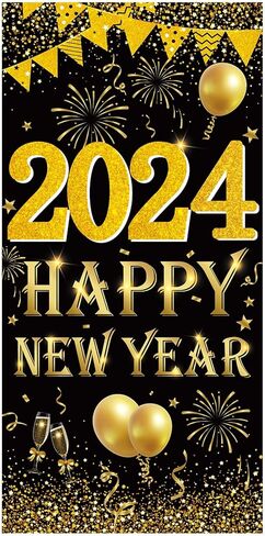 Happy New Year Banner 2023 Decorations Yard Sign Black Gold Backdrop Decoration, Large New Year Banner for Indoor Outdoor New Years Eve Holidays Party Outside Decor Supplies in Kuwait