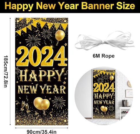 Happy New Year Banner 2023 Decorations Yard Sign Black Gold Backdrop Decoration, Large New Year Banner for Indoor Outdoor New Years Eve Holidays Party Outside Decor Supplies in Kuwait