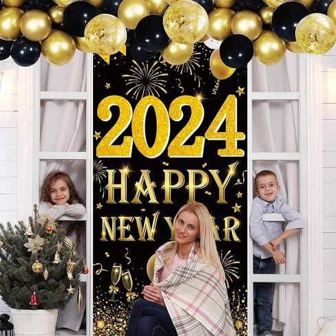 Happy New Year Banner 2023 Decorations Yard Sign Black Gold Backdrop Decoration, Large New Year Banner for Indoor Outdoor New Years Eve Holidays Party Outside Decor Supplies in Kuwait