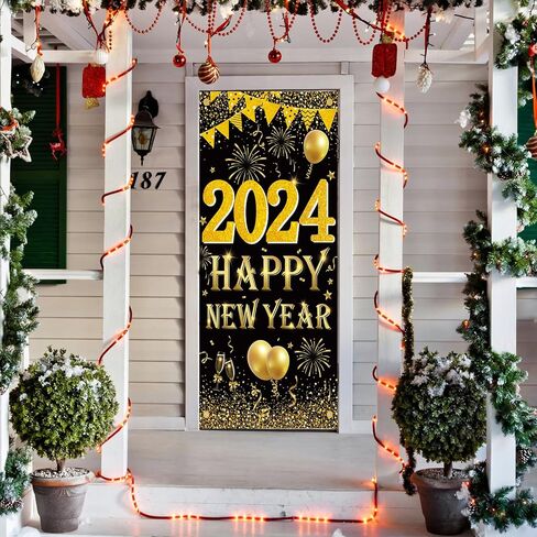 Happy New Year Banner 2023 Decorations Yard Sign Black Gold Backdrop Decoration, Large New Year Banner for Indoor Outdoor New Years Eve Holidays Party Outside Decor Supplies in Kuwait
