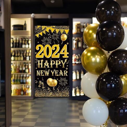 Happy New Year Banner 2023 Decorations Yard Sign Black Gold Backdrop Decoration, Large New Year Banner for Indoor Outdoor New Years Eve Holidays Party Outside Decor Supplies in Kuwait