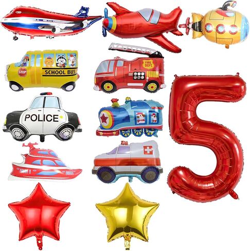 12pcs Transportation Truck Plane School Bus Fire Truck Police Car Ship Ambulance Submarine Birthday Number Foil Balloon for Transportation 2nd Birthday Vehicles Theme Party Supplies Decorations (2nd) in Kuwait