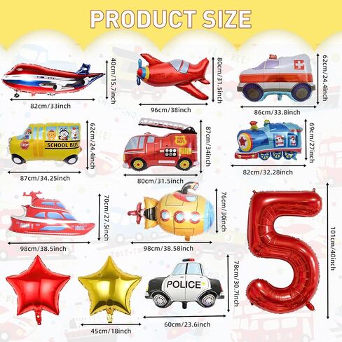 12pcs Transportation Truck Plane School Bus Fire Truck Police Car Ship Ambulance Submarine Birthday Number Foil Balloon for Transportation 2nd Birthday Vehicles Theme Party Supplies Decorations (2nd) in Kuwait