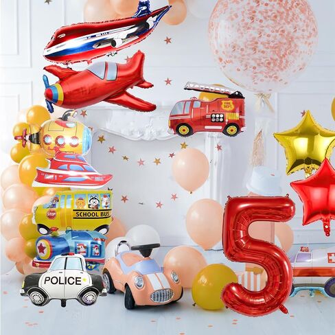 12pcs Transportation Truck Plane School Bus Fire Truck Police Car Ship Ambulance Submarine Birthday Number Foil Balloon for Transportation 2nd Birthday Vehicles Theme Party Supplies Decorations (2nd) in Kuwait