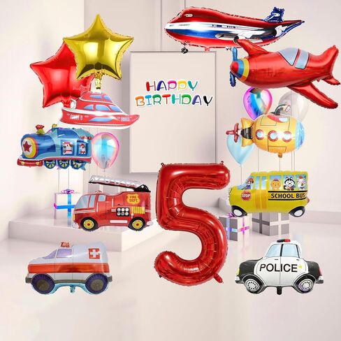 12pcs Transportation Truck Plane School Bus Fire Truck Police Car Ship Ambulance Submarine Birthday Number Foil Balloon for Transportation 2nd Birthday Vehicles Theme Party Supplies Decorations (2nd) in Kuwait