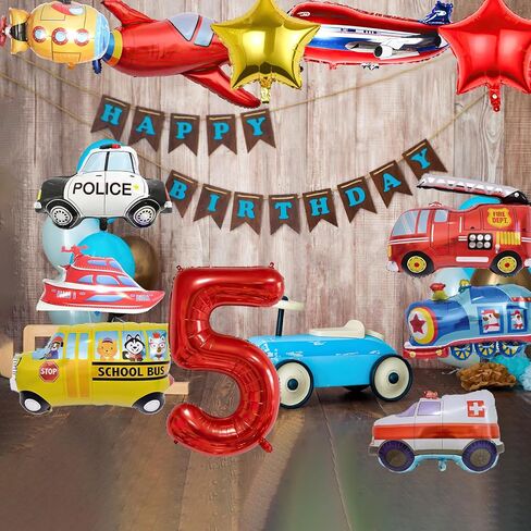 12pcs Transportation Truck Plane School Bus Fire Truck Police Car Ship Ambulance Submarine Birthday Number Foil Balloon for Transportation 2nd Birthday Vehicles Theme Party Supplies Decorations (2nd) in Kuwait