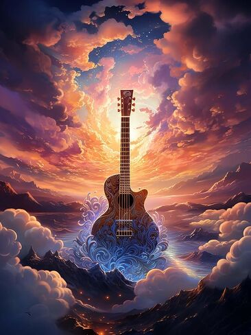 Cuneai DIY 5D Diamond Painting Guitar, Paint with Diamonds Art Sunset Crystal Embroidery Cross Stitch Round Drill by Number Kits for Home Wall Decoration Handicrafts 12x16 inch 66 in Kuwait