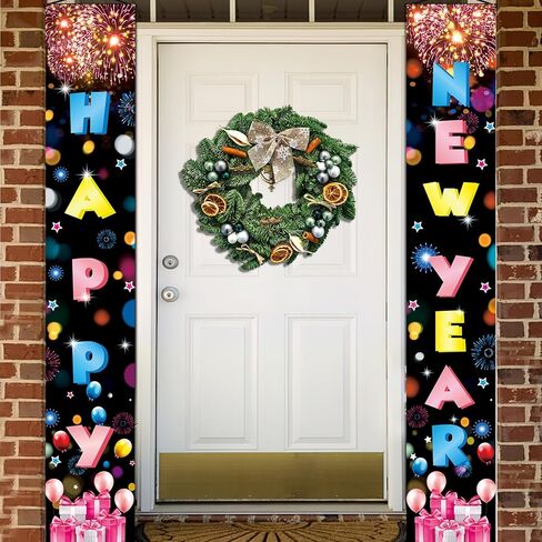 72x12 بوصة نينو سنة جديدة سعيدة باب راية، 2PCS الألعاب النارية السنة الجديدة باب راية، سنة جديدة سعيدة راية لرأس السنة الجديدة لوازم الحفلات الصينية عشية رأس السنة الجديدة سنة جديدة سعيدة خلفية in Kuwait