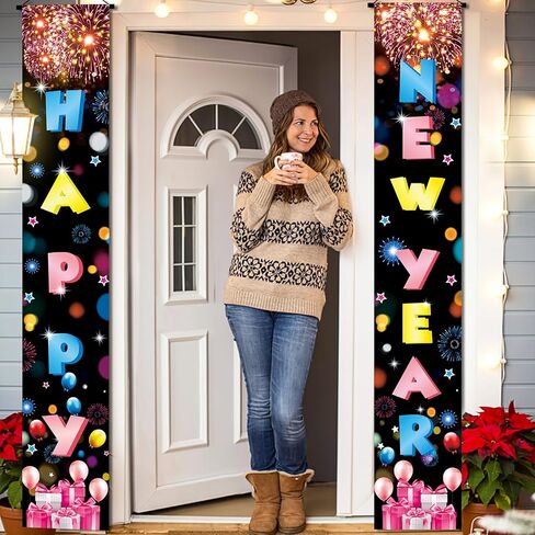 72x12 بوصة نينو سنة جديدة سعيدة باب راية، 2PCS الألعاب النارية السنة الجديدة باب راية، سنة جديدة سعيدة راية لرأس السنة الجديدة لوازم الحفلات الصينية عشية رأس السنة الجديدة سنة جديدة سعيدة خلفية in Kuwait