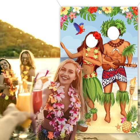Frienda Hawaiian Photo Prop Banner Tropical Luau Couple Photo Door Banner Hawaiian Party Decor Aloha Tiki Banners Beach Prop Tiki Backdrop for Summer Luau Party Get-together Supply(Funny Style) in Kuwait