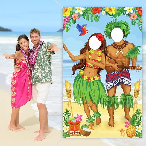 Frienda Hawaiian Photo Prop Banner Tropical Luau Couple Photo Door Banner Hawaiian Party Decor Aloha Tiki Banners Beach Prop Tiki Backdrop for Summer Luau Party Get-together Supply(Funny Style) in Kuwait