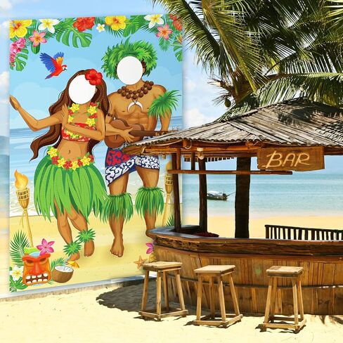 Frienda Hawaiian Photo Prop Banner Tropical Luau Couple Photo Door Banner Hawaiian Party Decor Aloha Tiki Banners Beach Prop Tiki Backdrop for Summer Luau Party Get-together Supply(Funny Style) in Kuwait