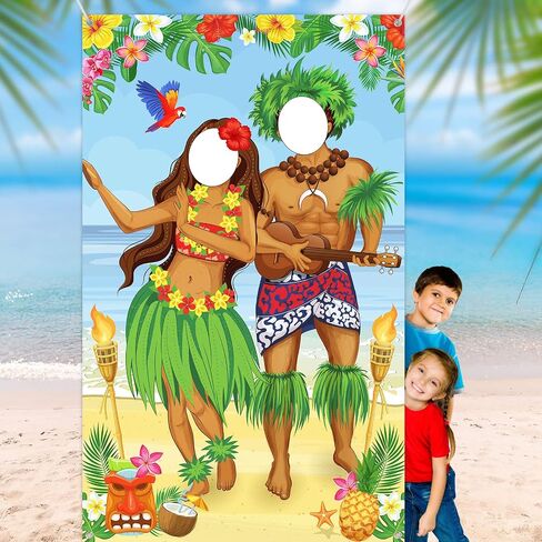 Frienda Hawaiian Photo Prop Banner Tropical Luau Couple Photo Door Banner Hawaiian Party Decor Aloha Tiki Banners Beach Prop Tiki Backdrop for Summer Luau Party Get-together Supply(Funny Style) in Kuwait