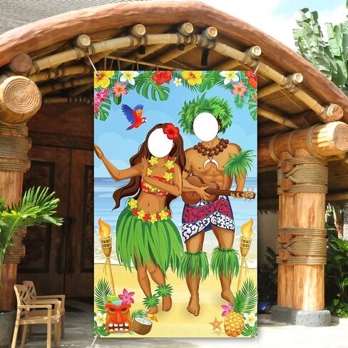 Frienda Hawaiian Photo Prop Banner Tropical Luau Couple Photo Door Banner Hawaiian Party Decor Aloha Tiki Banners Beach Prop Tiki Backdrop for Summer Luau Party Get-together Supply(Funny Style) in Kuwait