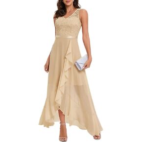 Meetjen Wedding Guest Dress for Women Long Lace Chiffon Dress Ruffle Asymmetrical Hem A-line Formal Bridesmaid Dress