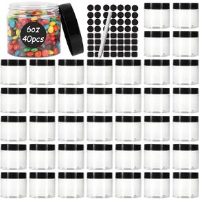 40 Pack Plastic Jars with Black Lids 6 oz,180ml Round Plastic Containers Clear Cosmetic Jars,Refillable Empty Storage Containers for Spices,Cream,Beauty Products,Lotion,Slime Making
