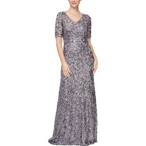 Alex Evenings Women's Long A-line Sequin Lace Dress Short Sleeves (Regular Petite)