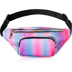 حقائب حزام صغيرة خفيفة الوزن للفتيات من Shiny Fashion Cute Kids Fanny Pack بجيبين بدون استخدام اليدين لقضاء العطلات والحفلات والمهرجانات والرحلات باللون الوردي اللامع (وردي + أزرق) in Kuwait