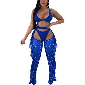 Yeshire Women's Sexy 2 Pieces Outfit See Through Crop Top and Pants Sets Mesh Cover Up Backless Jumpsuits Clubwear