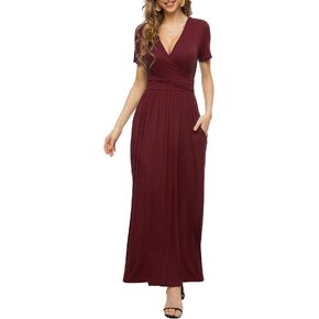 LILBETTER Women's Summer Short Sleeves Dress Wrap Waist Maxi Dresses with Pockets